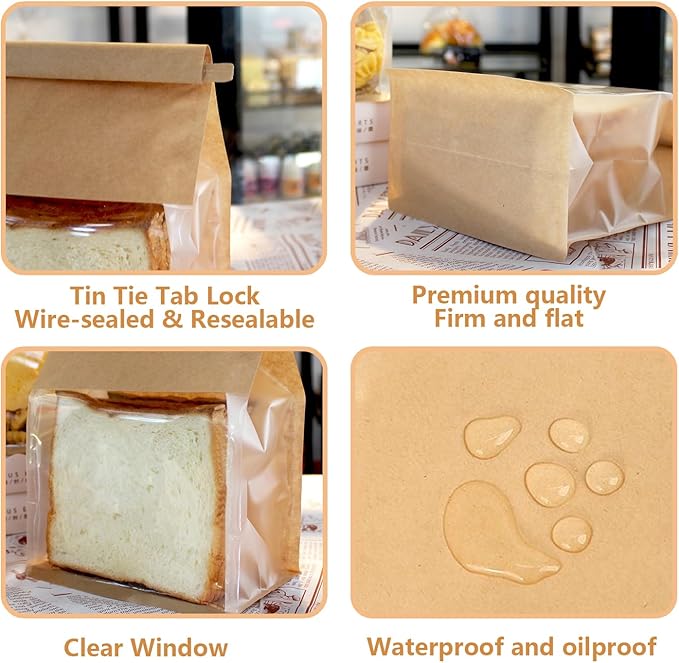 Heavy Duty Paper Bread Bags with Tin Tie Tab Lock 50PCS, Loaf Bag with Clear Front Window, Storage Packaging Treat Bag for Bakery Cafe Homemade Bread 10.2" × 5.1" × 6.3"