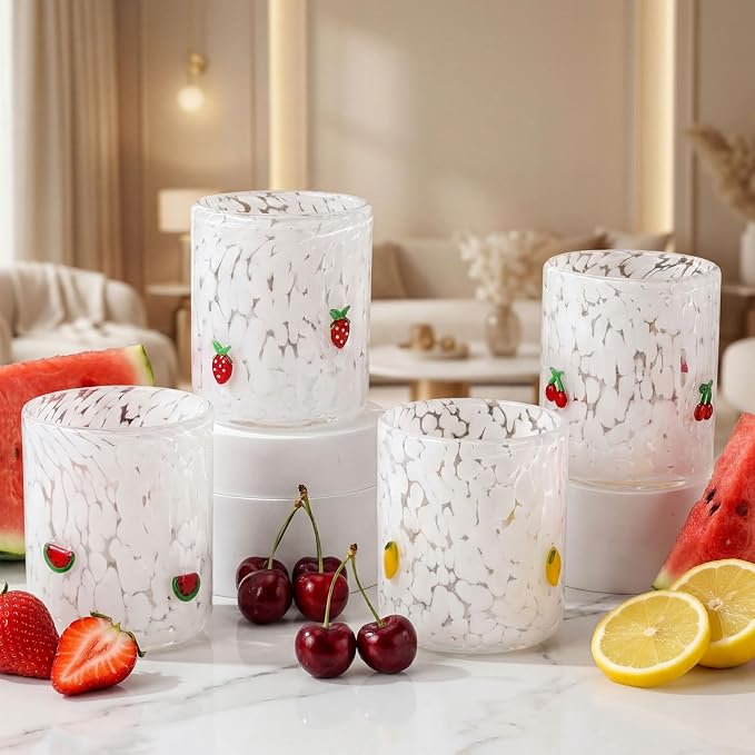 SiliFine 4 Pack Fruit Icon Juice Glasses Set - 14 oz Cherry, Watermelon, Strawberry, Lemon Stemless Glass Cup for Coffee Wine Cocktail Drinking - Summer Birthday Holiday Party Supplies & Ideal Gift