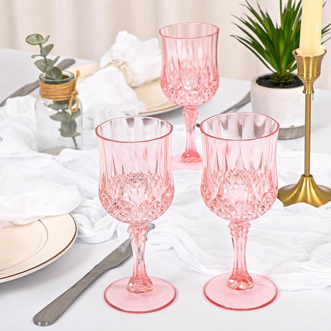 24 Pack Light Pink Plastic Wine Glasses, Vintage Plastic Goblets for Parties, Drinking Glasses Unbreakable Glassware Crystal Water Goblets Reusable Drinkware for Wedding Reception Grand Event Party