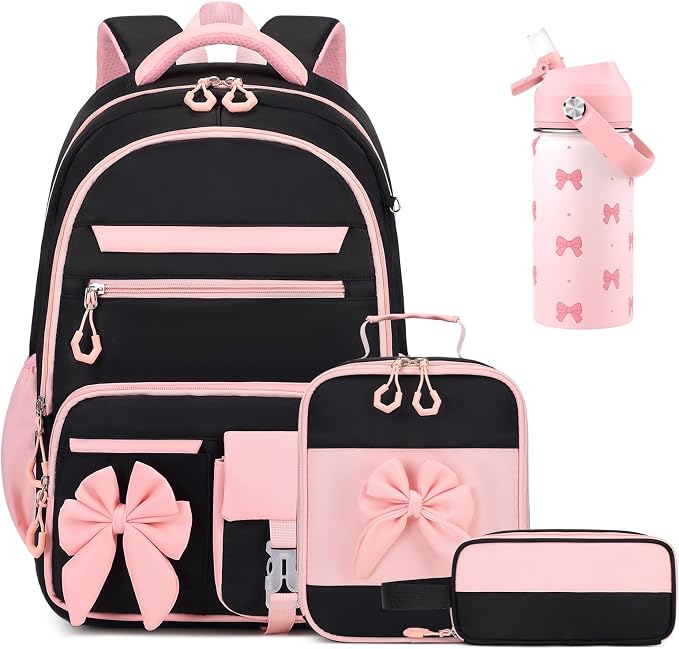 DIGOBAY Girls Backpack - Includes 14oz Insulated Water Bottle, Girls School Backpack Set with Lunch Bag & Pencil Case Teens for School (Black-Pink)