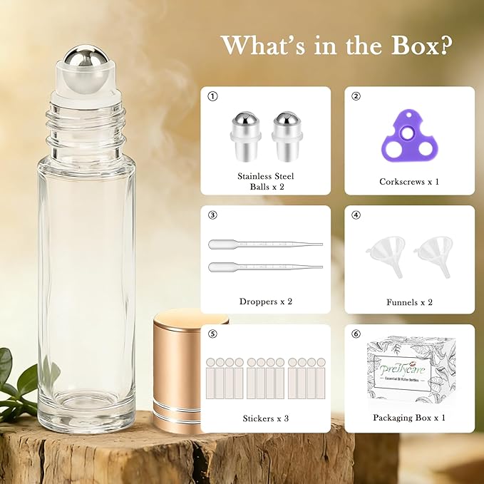 PrettyCare 12 Pack, 10 ml Essential Oil Roller Bottles with Stainless Steel Roller Ball - Refillable Leak-proof Empty Thick Clear Glass Roll on Bottles with Metal Caps for Travel, Perfume