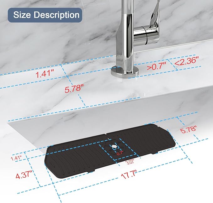 Faucet Guard - 90 Foldable Drain Mat for Kitchen & Bathroom with 2 Drain Ports (Black, 17.7"*5.66")
