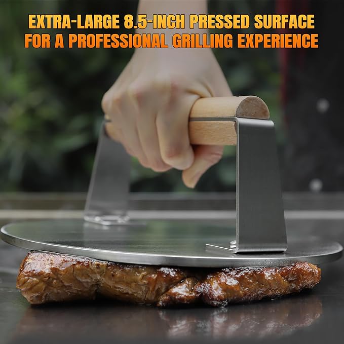 Professional-Grade 8.5-Inch Extra-Large Burger Press – Heavy Duty Stainless Steel Wooden Handle 3.65 lbs Easy to Clean for Hamburger Patties Bacon & Sandwiches Premium Grilling Tool