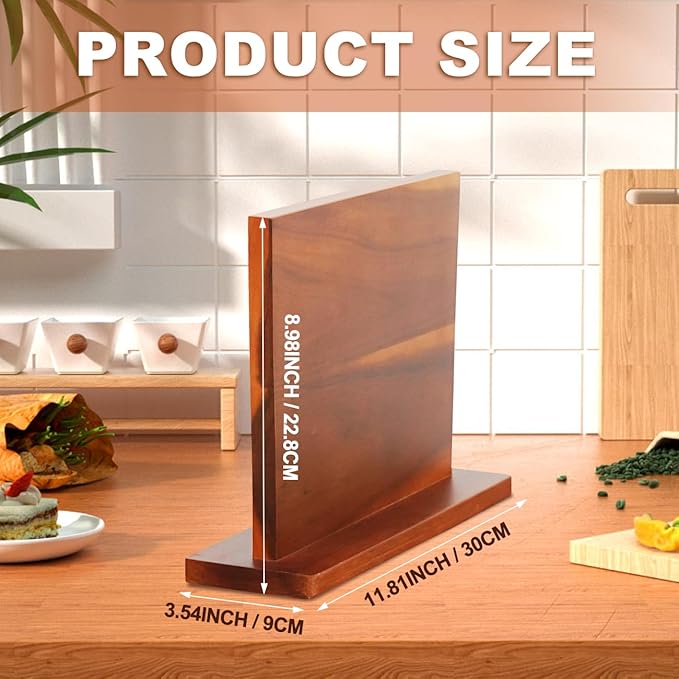 Magnetic Knife Block, Acacia Wood Knife Holder Stand with Strong Magnets, Double Side Knife Storage Rack for Kitchen (Brown)