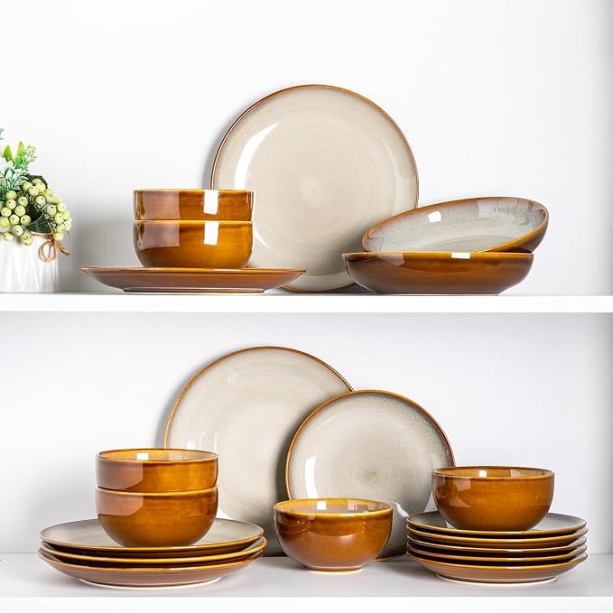 LeRatio Ceramic Dinnerware Sets for 6,18-Piece Plates and Bowls,Handmade Reactive Glaze Dishes Set,Chip Resistant and Scratch Resistant | Oven Dishwasher & Microwave Safe,Service for 6-Kahki