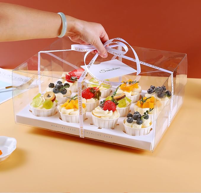Cedilis 12 Pack Clear Cupcake Boxes, 12 Count Cupcake Containers with Gift Ribbon, Plastic Cupcake Carrier Holder for Cookies, Muffins, Bakeries