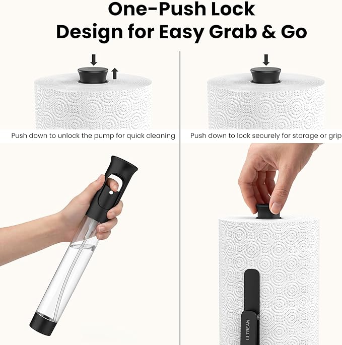 Ultrean Paper Towel Holder with Spray Bottle, Countertop Freestanding Paper Towel Dispenser with Spring-Loaded Tension Arm for One-Handed Tear, Weighted Base, Stainless Steel for Kitchen, Black