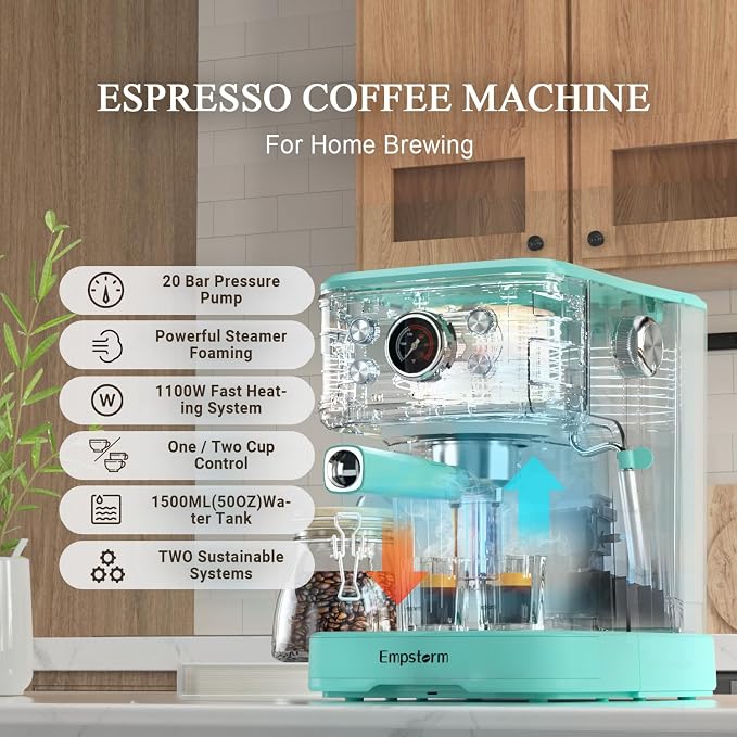 Empstorm EM-04E 20Bar Espresso Machine with Milk Frother Steam 1100W TBlue | 2 IN 1Wand Compatible NS Original Capsules Professional Latte Coffee Makers Cappuccino Machine for Home Brewing