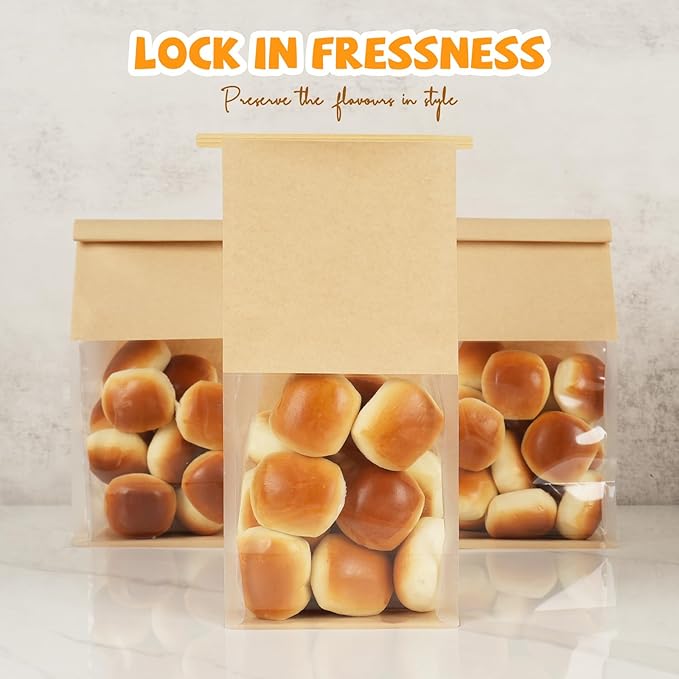 100 Pack Bakery Bags with Window, 5.1x3.9x11 Inches Tin Tie Tab Lock Resealable Cookie Bags for Packaging Bagels, Bread Loaf, Pastry, Baked Goods | Thick Material, Grease Resistant, Self Standing
