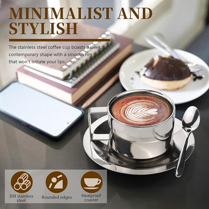 304 Stainless Steel Coffee Cups with Spoon & Saucer, 6.8 Oz Metal Espresso Mugs, Double Walled Insulated Espresso Coffee Cup for Cappuccino Latte Milk Tea Beverages (1 Set，200 ml)