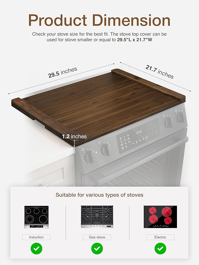 TIDITA Acacia Wooden Stove Top Cover - 29.5x21.7 Noodle Board Stove Cover - Stove Top Cover For Gas Stove, Electric Stove - Gas Stove Cover Board with Recessed Handles, No Assembly (Walnut color)