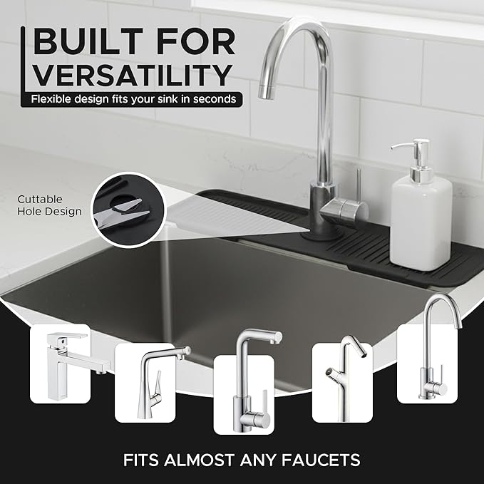 Silicone Faucet Mat for Kitchen Sink 17.7 Inch | 5° Slope Fast Self-Draining Sink Splash Guard | Multipurpose Faucet Mat Foldable Durable No Smell | Cut-to-Fit Opening Up to 2.6in | Black