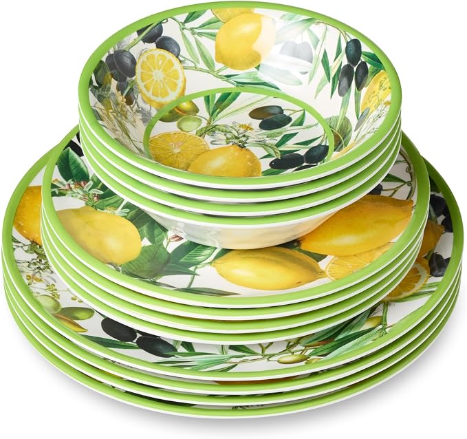 Limone 12-Piece Melamine Dinnerware Set - Citrus-Inspired, Service for 4, Durable, Shatterproof, Dishwasher-Safe Plates and Bowls for Everyday Dining, Outdoor Use, and Entertaining