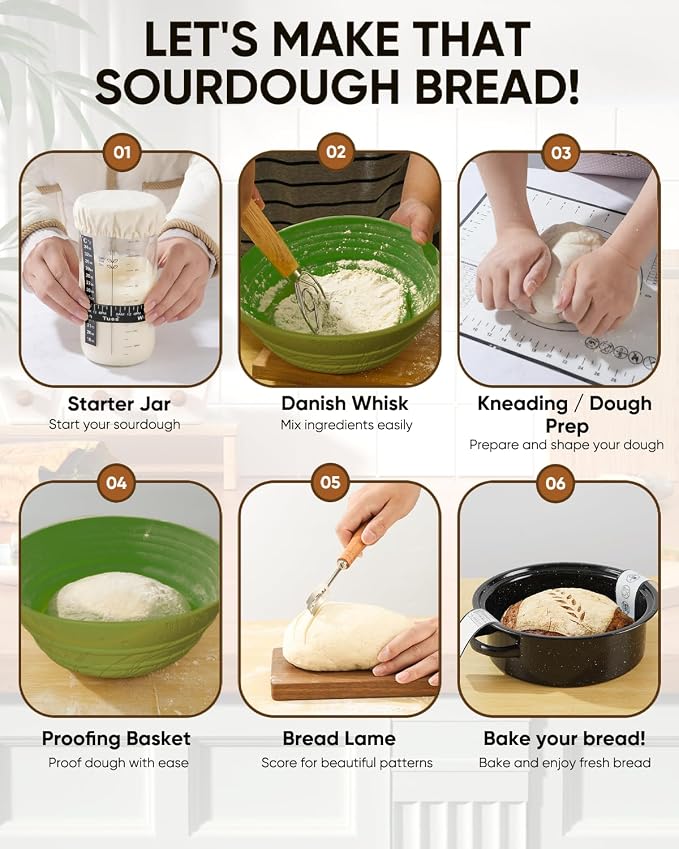 Sourdough Starter Kit for Beginners, 34 oz Starter Jar with Scale Marking, 2 Silicone Proofing Baskets, Complete Bread Baking Kit with Guide & Recipes, Easy to Use & Clean - Green