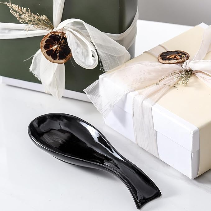 Ceramic Spoon Rest for Stove Top, Large 8.7 Inch Spoon Holder for Kitchen Counter, Porcelain Utensil Rest for Ladle, Spatula, Housewarming Gift, Dishwasher Safe and Heat-Resistant, Black, Set of 2