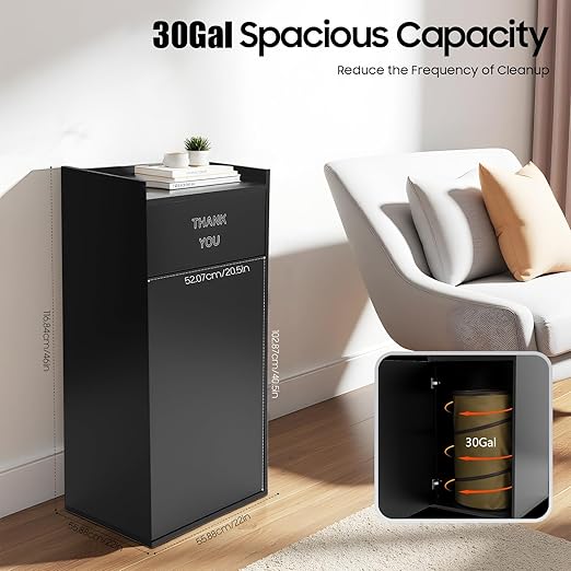 30 Gallon Commercial Trash Can, Wooden Trash Can Cabinet with Tray Holder Garbage Can withTrash Bag for Restaurants, Cafes, Kitchens, and Offices, Durable Garbage Receptacle (Black)