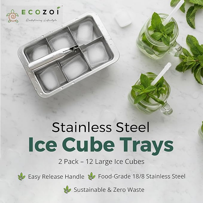 Ecozoi Stainless Steel Metal Ice Cube Trays With Easy Release Handle - 2 Pack | 12 Large Ice Cube Slots | Removable Slots For Easy Ice Cube Removal And Cleaning | Eco Friendly, Plastic Free