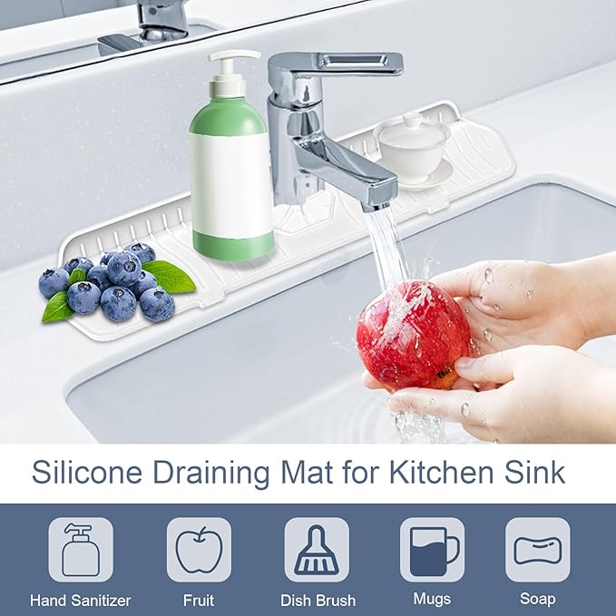 Faucet Guard - 90 Foldable Draining Mat for Kitchen Sink with 2 Drain Ports, White, 17.7"*5.66"