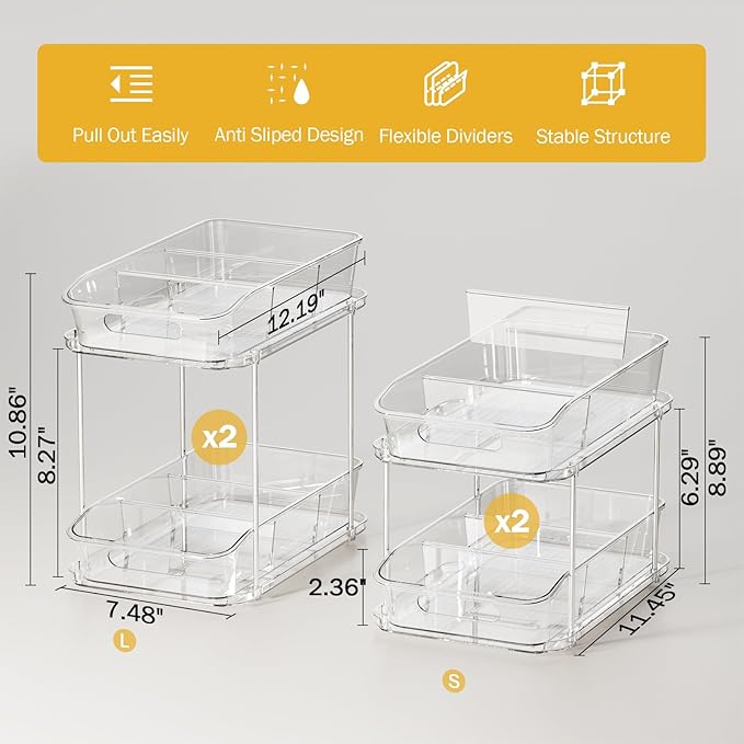 Delamu 4 Pack Bathroom Organizers and Storage, 2 Tier Clear Under Sink Organizer & Set of 4 Acrylic Cabinet Organizer Shelf for Kitchen