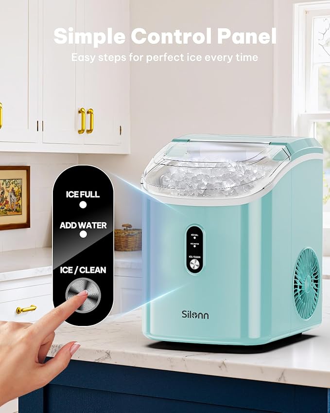 Nugget Ice Maker Countertop, Silonn Chewable Pellet Ice Machine with Self Cleaning Function, Pebble Portable Ice Maker with Ice Scoop for Home Kitchen Office, Green