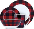 Safdie & Co. 16-Piece Red, Black Plaid Dinnerware Set, Porcelain, Includes Bowls, Plates, and Mugs, Dishwasher Safe