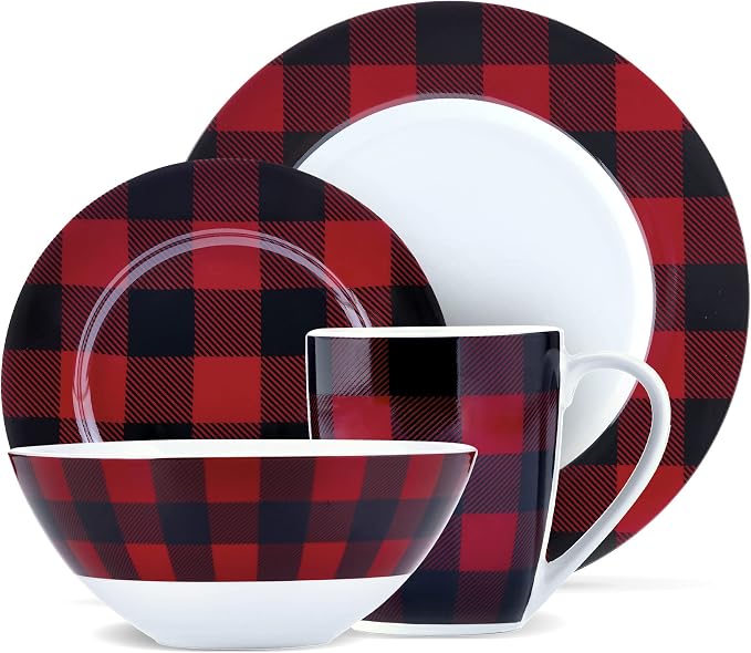 Safdie & Co. 16-Piece Red, Black Plaid Dinnerware Set, Porcelain, Includes Bowls, Plates, and Mugs, Dishwasher Safe