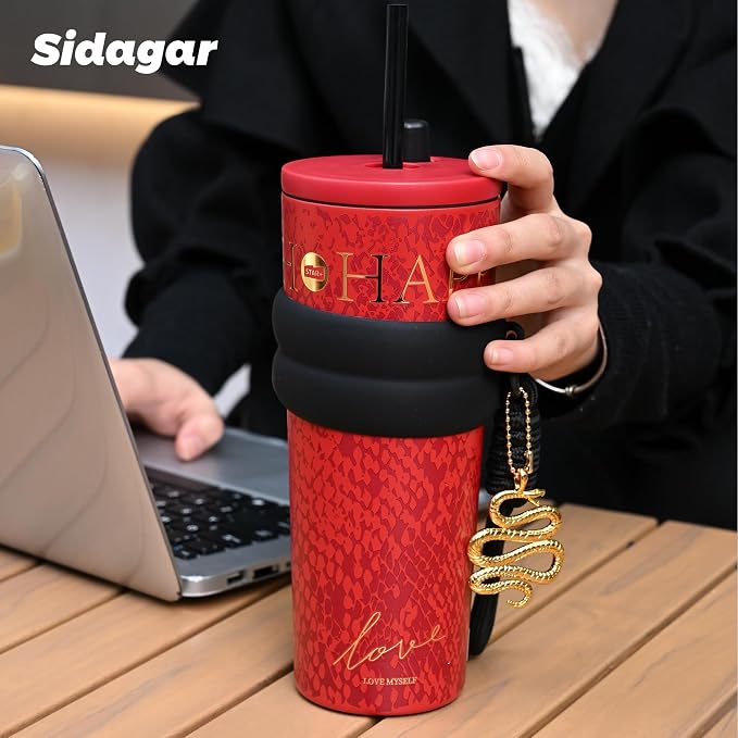 24 oz Tumbler with Lid and Straw, Insulated Coffee Mug Leak Proof, Portable Iced Travel Water Bottle, Reusable Thermal Coffee Cup, Gifts for Women, Red