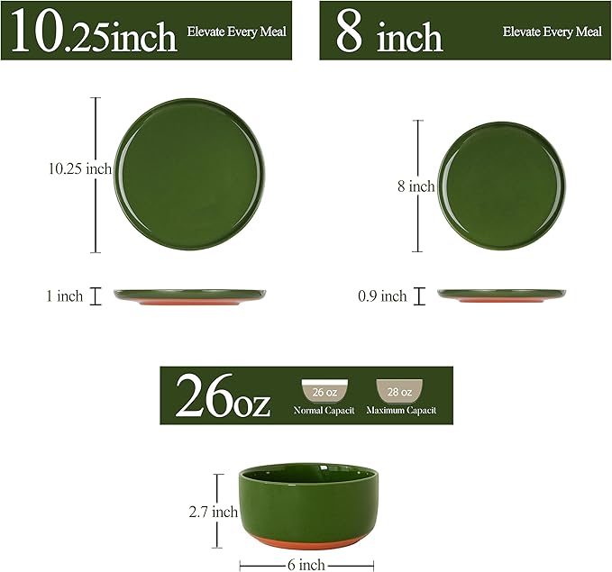 24 Piece Dinnerware Set, Dual Glaze Stoneware Plates and Bowls Sets, Modern Dinner Plate, Salad Plate, Cereal Bowl, Dish Set for 8, Microwave and Dishwasher Safe, Forest Glaze Green