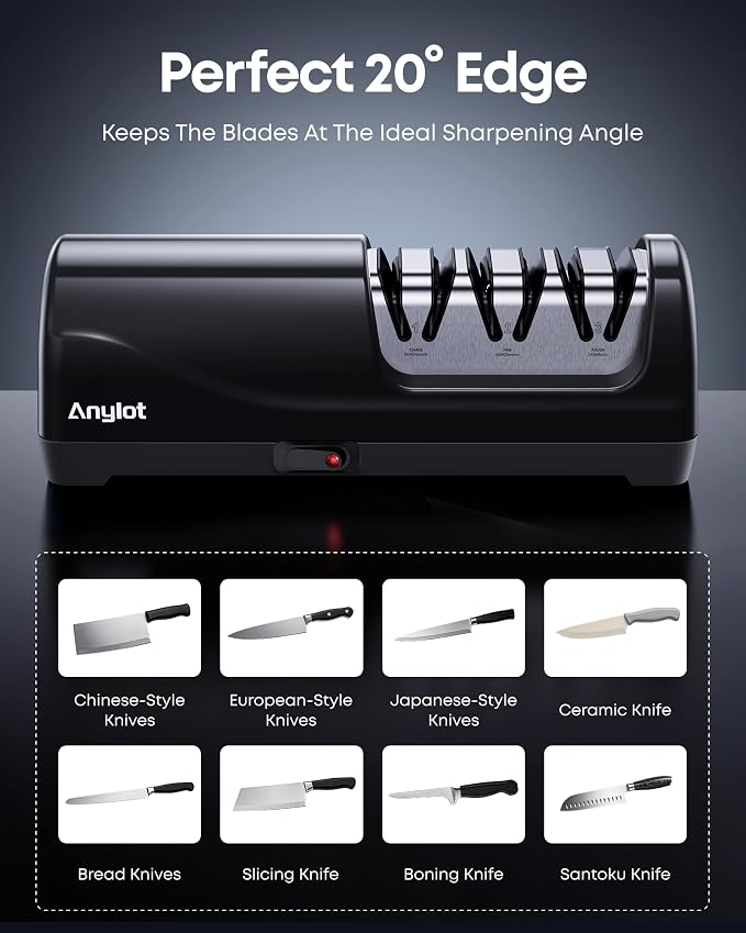 Electric Knife Sharpener for Kitchen, 3-Stage Knife Sharpener Electric with 100% Diamond Abrasives, 20° Precision Angle Guide, Fast & Safe Sharpening for Chef Knives, Home Use & Beginners (Black)