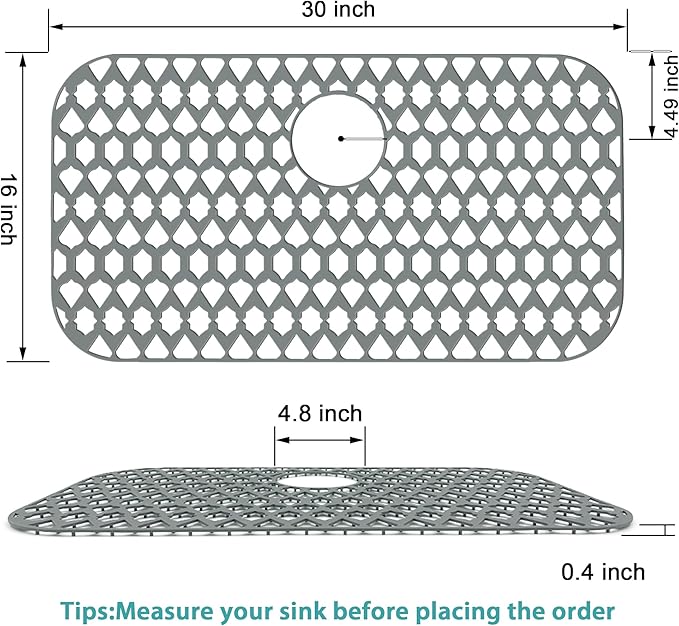 SAMSIER Silicone Sink Protectors Mats (13x11 & 14x12 & 16x12 & 18x16 & 19x14 & 21x16 & 22x13 & 25x16 & 26x14 & 28x14 & 30x16) for Bottom of Kitchen Sink (30”x16”, Rear Drain)