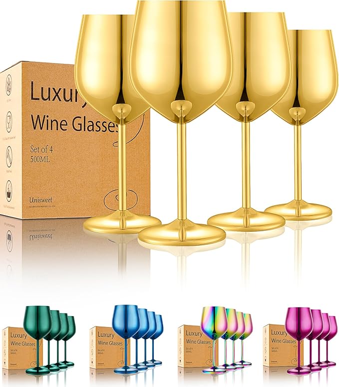 UNISWEET Stainless Steel Wine Glasses Set of 4 Unbreakable Wine Glass 18 oz Unique Metal Wine Goblets for Outdoor, Travel, Camping, Pool, Ideal Gift for Wine Lovers (Gold)