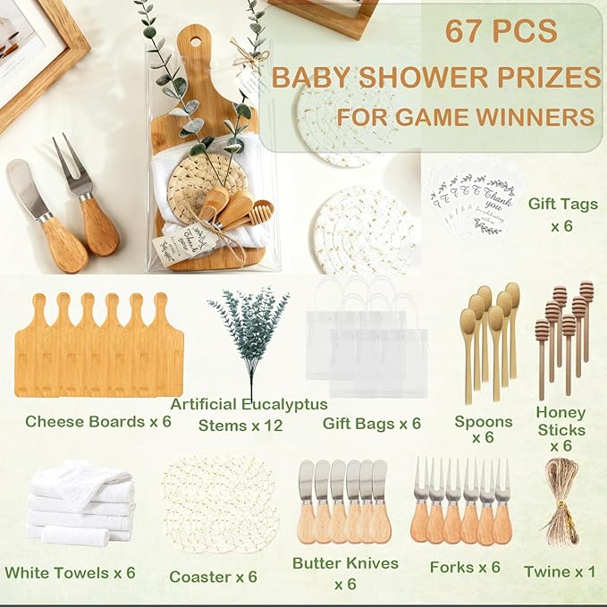 67Pcs Baby Shower Prizes Charcuterie Boards Bulk for Guests Bamboo Cheese Board Gift Set Mini Cutting Boards Wedding Bridal Party Favors for Valentine's Day Housewarming Christmas Birthday, 6 set