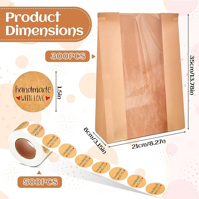 Honoson 300 Pcs Large Paper Bread Bags for Homemade Gift Giving, Sourdough Bread Bags with Window, Bakery Storage Tin Tie Tab Lock Cookie Packaging with Label Seal Stickers (Cute Style)