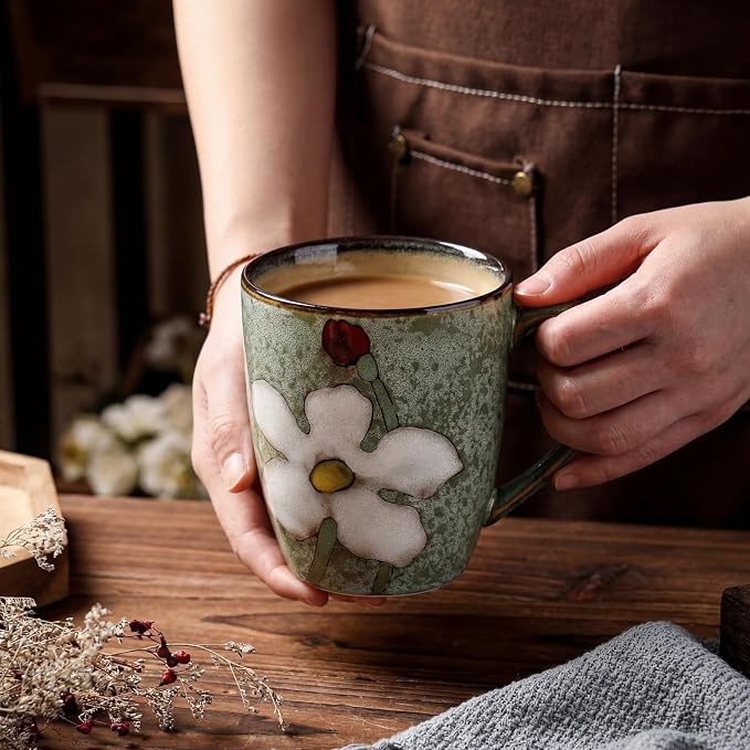 Maxdot 1 Pcs 12oz Ceramic Coffee Mugs Sets Glazing Process Cappuccino Mug Floral Ceramic Tea Cups Idea Gift Set for Women Porcelain Cup for Coffee, Cocoa, Tea, Latte (Retro) (Fresh)