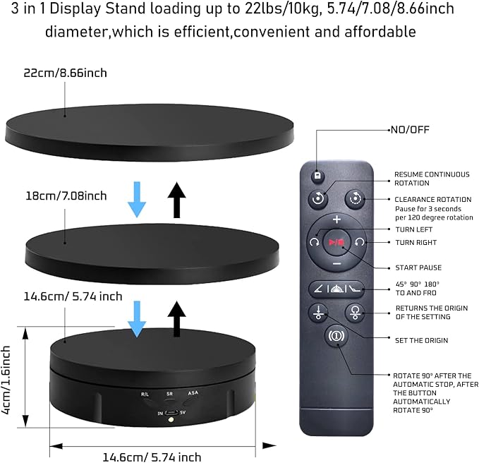JAYEGT 3 in1 Motorized Rotating Display Stand with 5.74 /7.08/ 8.66 inch Replacement Cover，Max 22lbs Load，360 Electronic Turntable for Photography Products (3 in1 / Black/ With Remote controller)