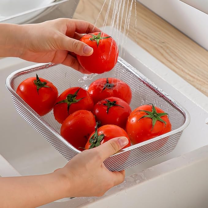 18/8 Stainless Steel Fine Mesh Strainer Basket with Feet, Rectangular Colander for Vegetables, Fruits, Pasta, Noodles – Rustproof, Durable & Easy to Clean (8.67 inch)