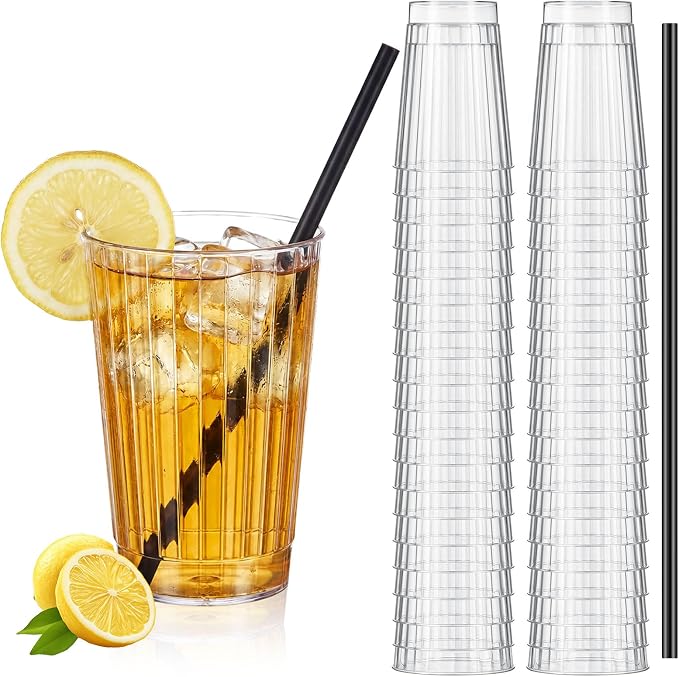 Plastic Highball Glasses with Straws(set of 48), 12 oz Shatterproof Drinking Cups, Collins Whiskey Glass Ribbed Cup, Smoothie Mojito Cocktail Tumbler for Wedding Spring Summer Party