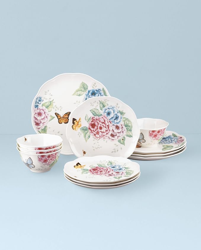 Lenox Dinnerware Set, Butterfly Meadow Hydrangea 12-Piece Set, Service For 4, Made From Ceramic Porcelain, Dishwasher And Microwave Safe, Plates And Bowls Sets, Home & Kitchen (Assorted, 12 Piece)