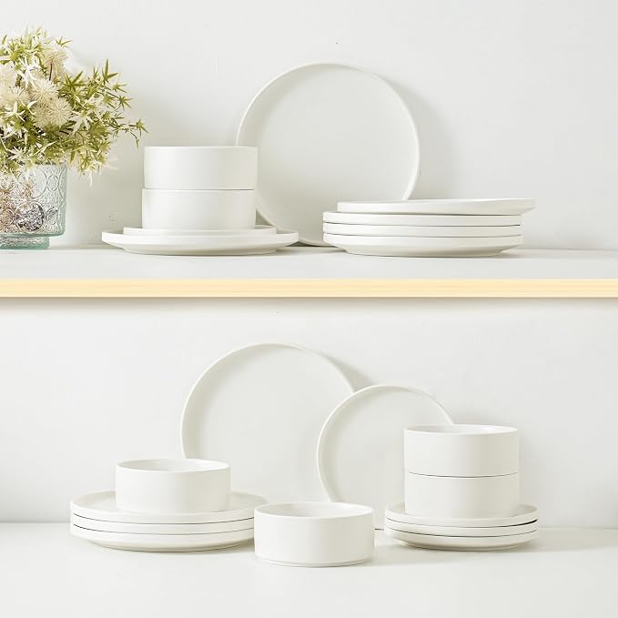 12 Piece Dinnerware Set, Modern Minimalist Stoneware Plates and Bowls Sets, Modern Dinner Plate, Salad Plate, Cereal Bowl, Dish Set for 4, Microwave and Dishwasher Safe, Matte White
