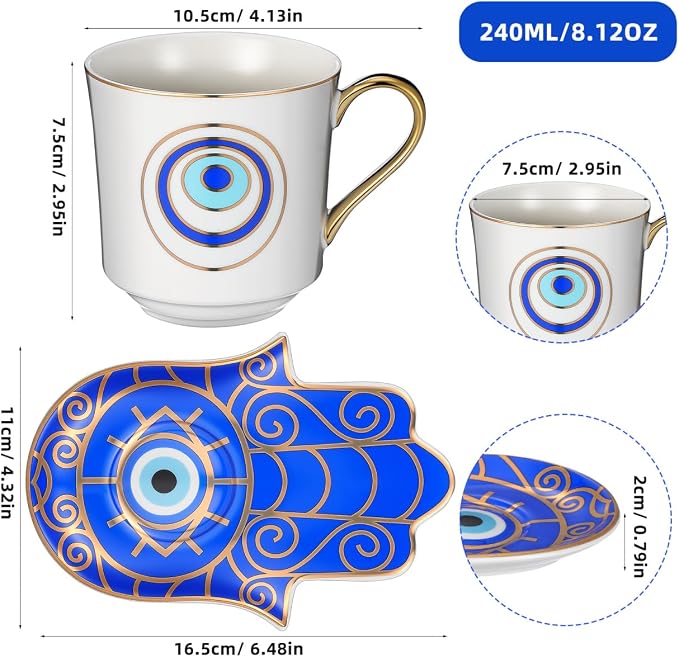 Kichvoe Evil Eye Coffee Mug with Saucer Set Ceramic Porcelain Tea Cup 4.13X2.95X2.95 Inch Microwave Dishwasher Safe for Home Office Beverage Milk Water