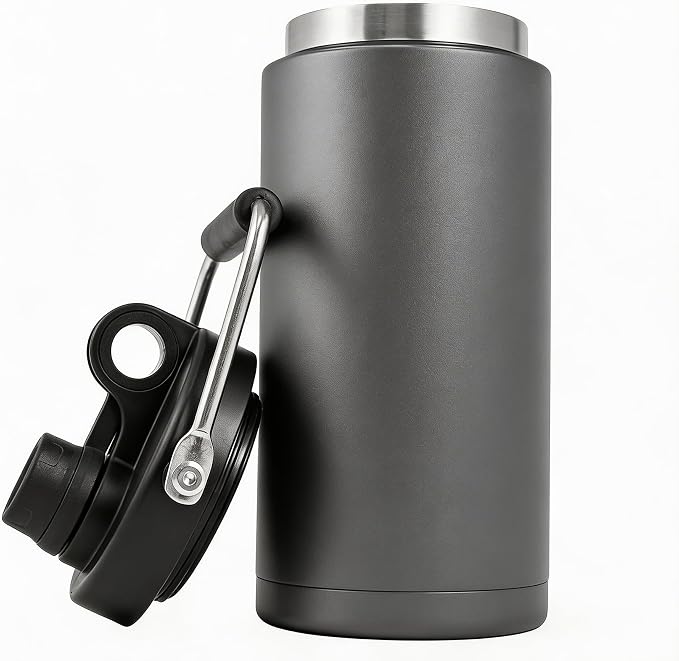 Kerilyn Insulated Half Gallon Jug with Handle, 64oz Stainless Steel, Large Double Vacuum Water Bottle for Hot & Cold Drinks, Wide Mouth, Sweat Proof, Great for Travel, Camping, Grey