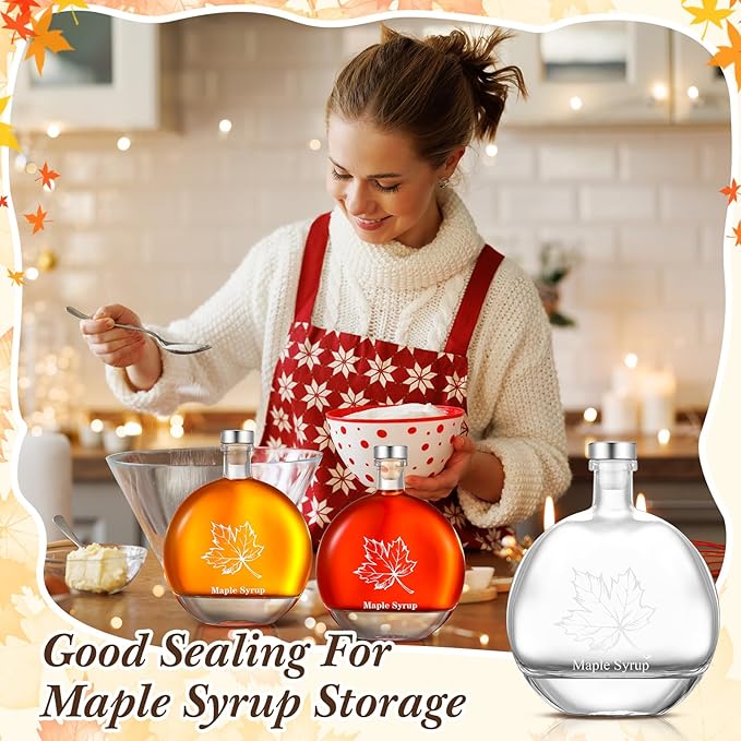 Maxdot 12 Pcs 8oz Glass Maple Syrup Bottles Clear Reusable Glass Bottles with Lids Loop Handle and Maple Syrup Stickers bottle Container for Milk Potion Juice Sauce Oil Storage Gift