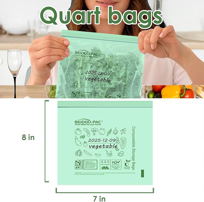 BEIDOU-PAC Compostable Quart Food Storage Freezer Bags, 180 Count | 2 Mil | 8 IN x 7 IN, Freshness Easy Open Biodegradable, Eco-Friendly Reclosable Compost Zipper Bags