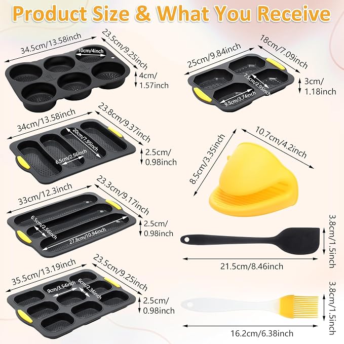 Reallnaive 8 Pcs Silicone Baguette Hamburger Bun Baking Pan Set 4 6 9 Cup French Bun Mold 3 Cup Nonstick Baguette Bread Pan with Tool for Homemade Bread Loaf Sandwich Microwave