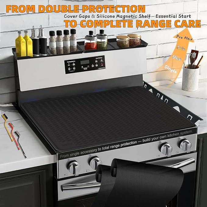 Stove Gap Covers Stainless Steel 2PC(0.08"–0.7"W,13.8"–27.5"L) + 30"(2x15") Magnetic Stove Shelf|2-in-1 Adjustable Counter Gap Filler&Range Organizer|Heat Resistant Bonus Cleaning Brushes&Pads