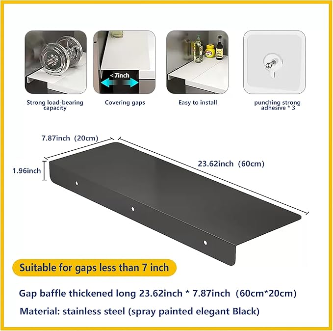 Metal Kitchen Refrigerator Gap Partition Countertop Gap Extension Board,Gap Covers Between Countertop and Walls, Refrigerator Side Partition, No Drill(Black,23.62 * 7.87inch)