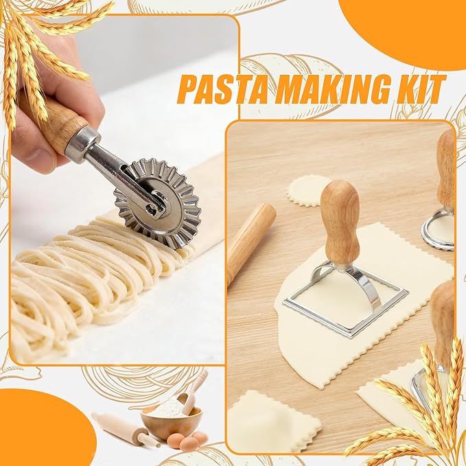 8 Piece Ravioli Press Mold Set,Pasta Making Tools, Ravioli Kit Include 10 Holes Ravioli Maker, 3 Pasta Cutter Stamp Makers,Rolling Pin,Ravioli Making Kit for Home Kitchen Supplies (8)