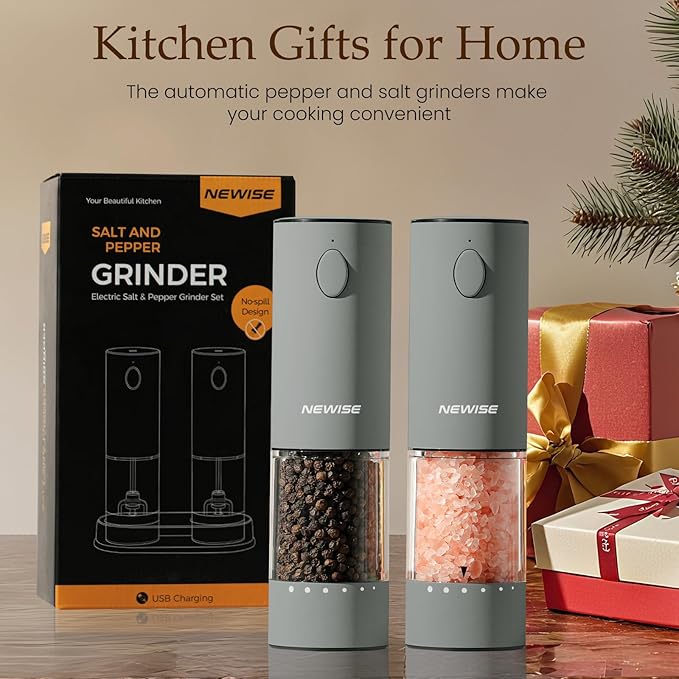 Newise Electric Salt and Pepper Grinder Set, Rechargeable with LED Lights, Automatic Pepper & Salt Mill, Adjustable Coarseness, Large Capacity, Grey