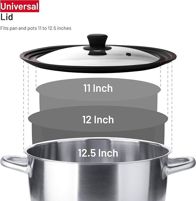 Universal Lids for Pots, Pans and Skillets - Tempered Glass with Vented Silicone Rim and Heat-Resistant Handle - Fits Multiple Cookware Sizes - Dishwasher & Microwave Safe (Single, 11",12",12.5")