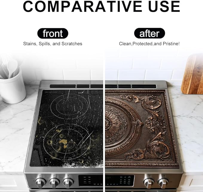 Stove Top Cover for Electric Stove 28.4 x 20.5 Inch Non Slip Stove Mat Oil Proof Bronze Medallion Glass Cooktop Protector Kitchen Mat